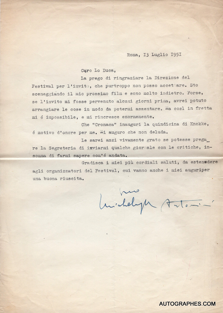 Michelangelo ANTONIONI - Lettre dactylographiée signée (1951)