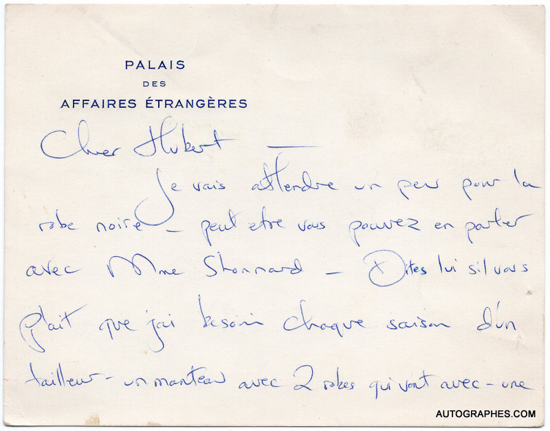 Jacqueline KENNEDY - Carte autographe signée adressée à Hubert de GIVENCHY (1961)