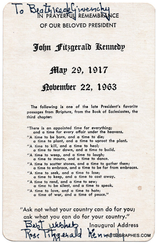 Rose F. KENNEDY - Carte commémorative dédicacée et signée (1963)