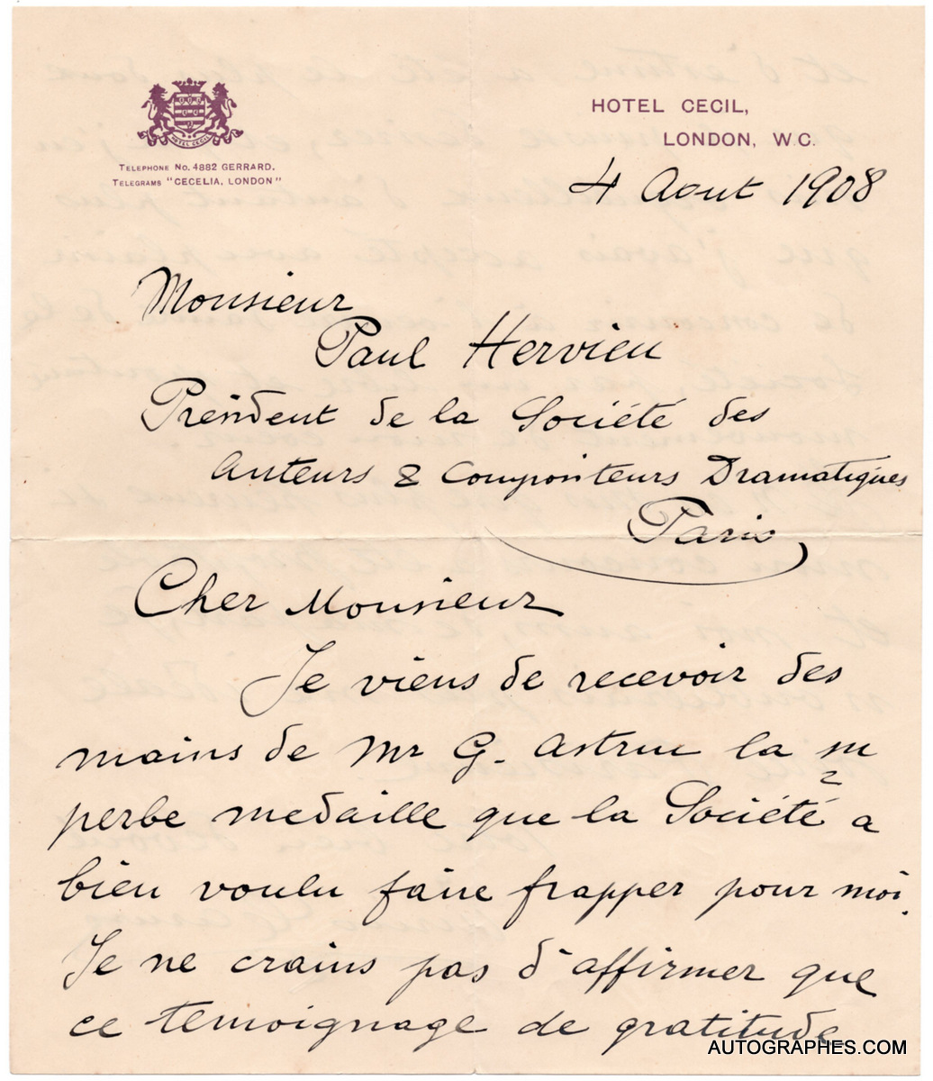Enrico CARUSO - Lettre autographe signée adressée à Paul Hervieu (1908)