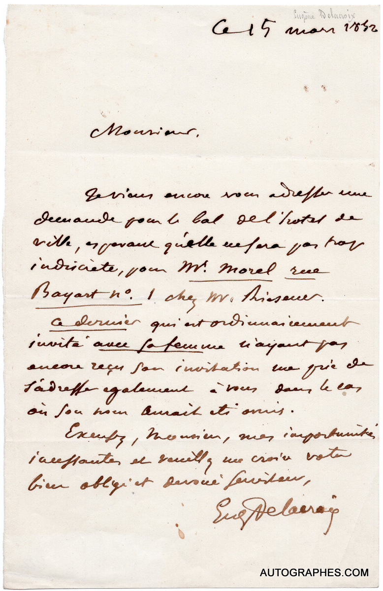Eugène DELACROIX - Lettre autographe signée (15 mars 1852).