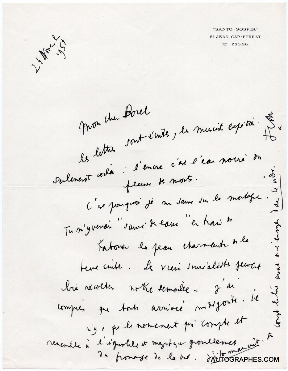 Jean COCTEAU - Lettre autographe signée à Pierre BOREL (1951)