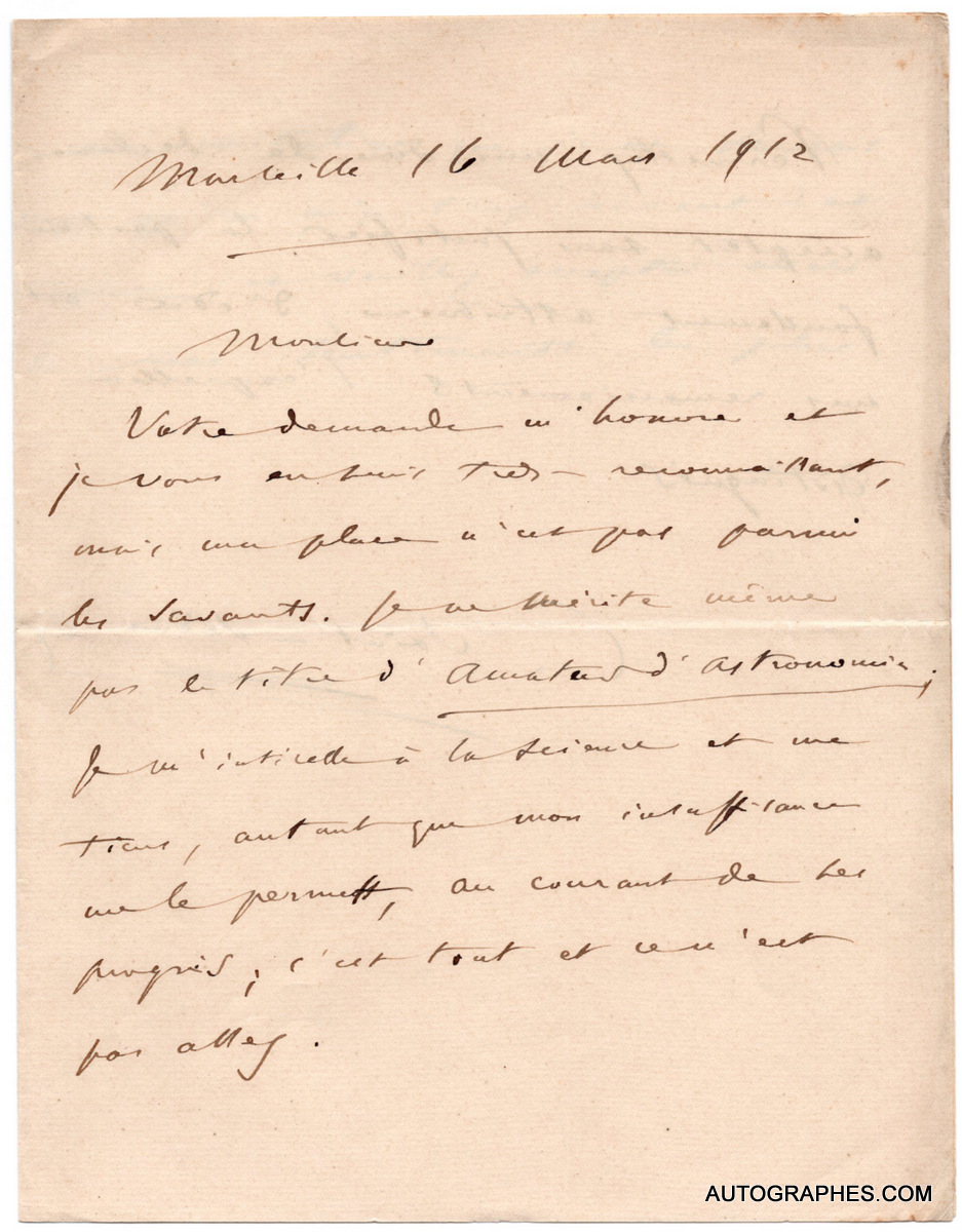 Camille SAINT-SAËNS - Lettre autographe signée (16 mars 1912)