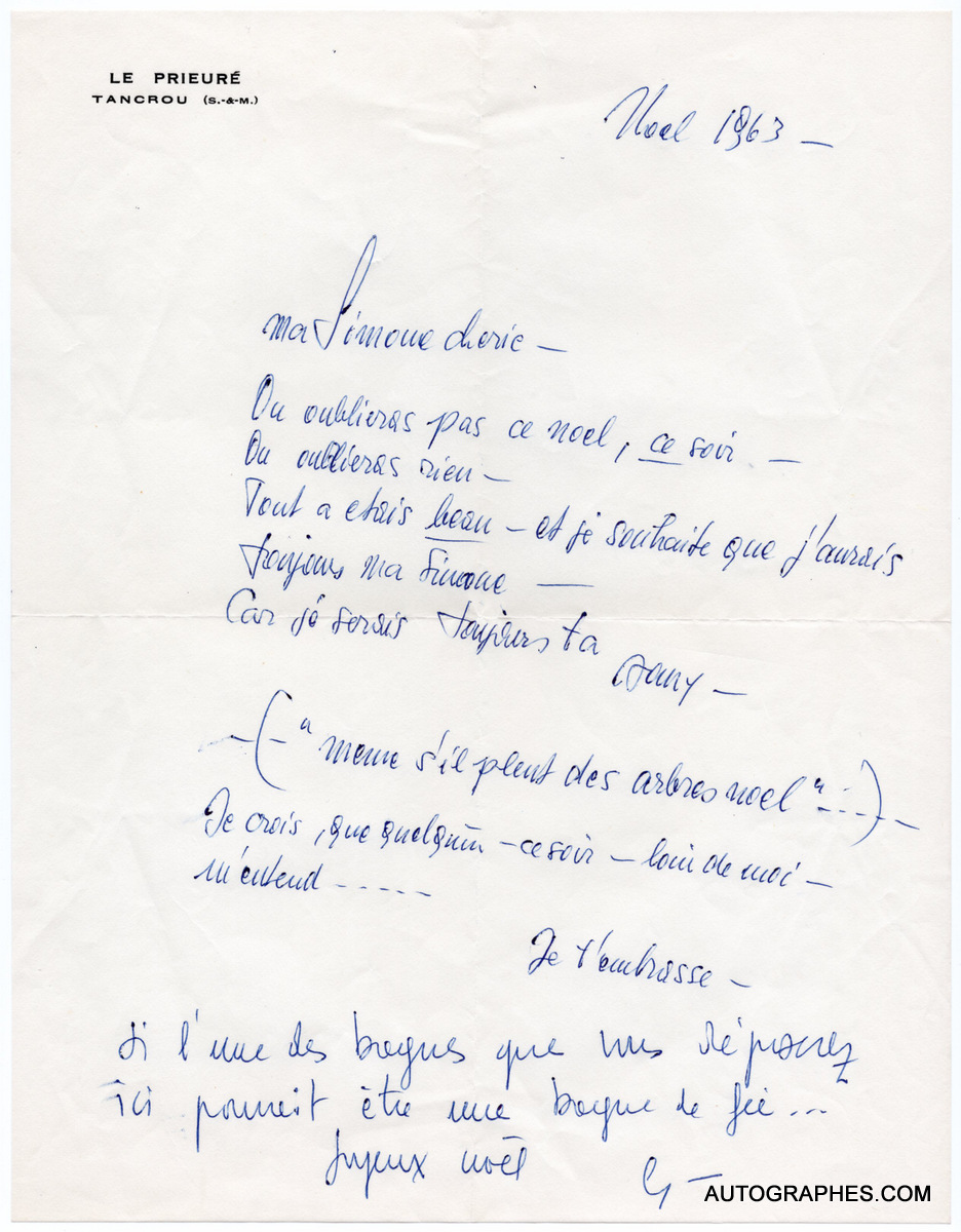 Romy SCHNEIDER - Lettre autographe (Le Prieuré de Tancrou, Noël 1963)