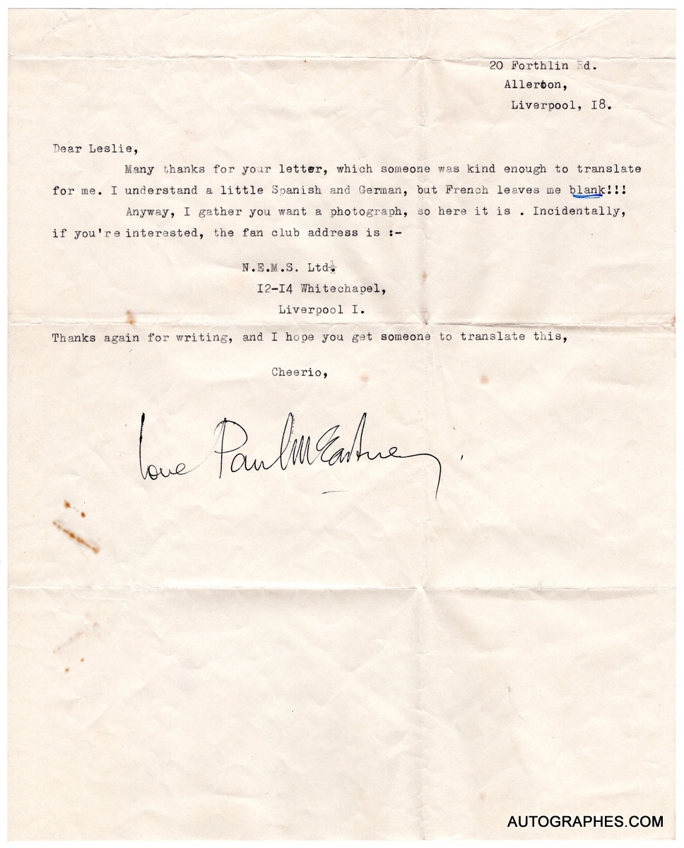 Paul McCARTNEY - Lettre dactylographiée signée (Liverpool 29 avril 1963)
