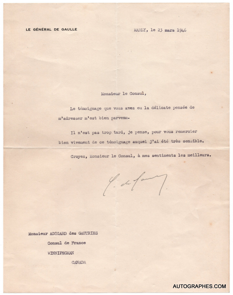 Charles de GAULLE - Lettre dactylographiée signée (23 mars 1946)