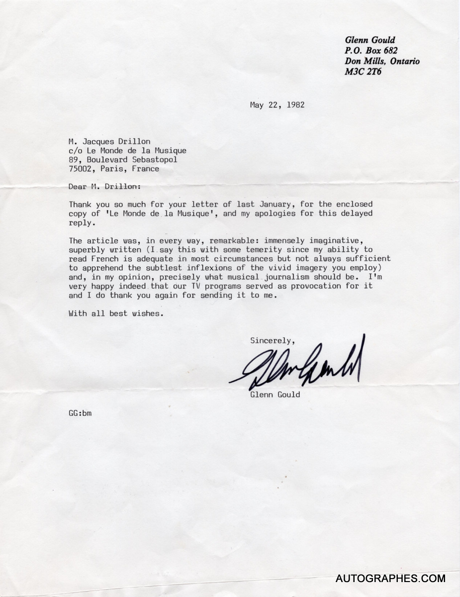 Glenn GOULD - Lettre dactylographiée signée (22 mai 1982)