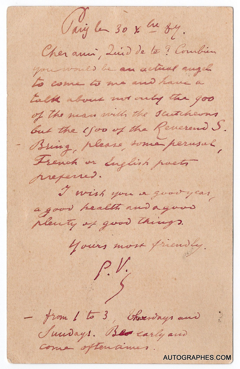 Paul VERLAINE - Carte postale autographe signée à Émile LE BRUN (1887)