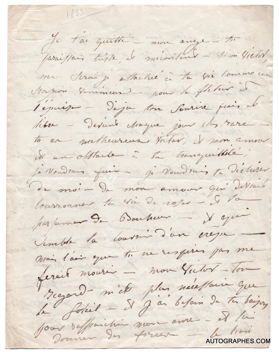 Juliette DROUET - Lettre autographe adressée à Victor HUGO (1833)