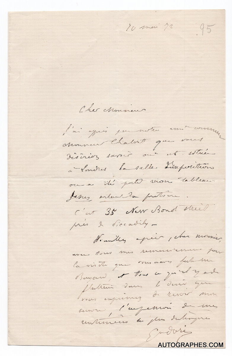Gustave DORÉ - Lettre autographe signée évoquant son tableau Le Christ quittant le prétoire (1872)