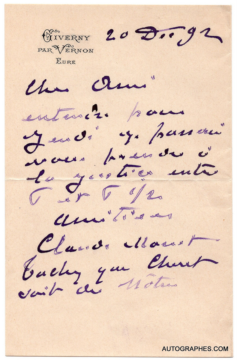 Claude MONET - Lettre autographe signée (20 décembre 1892)