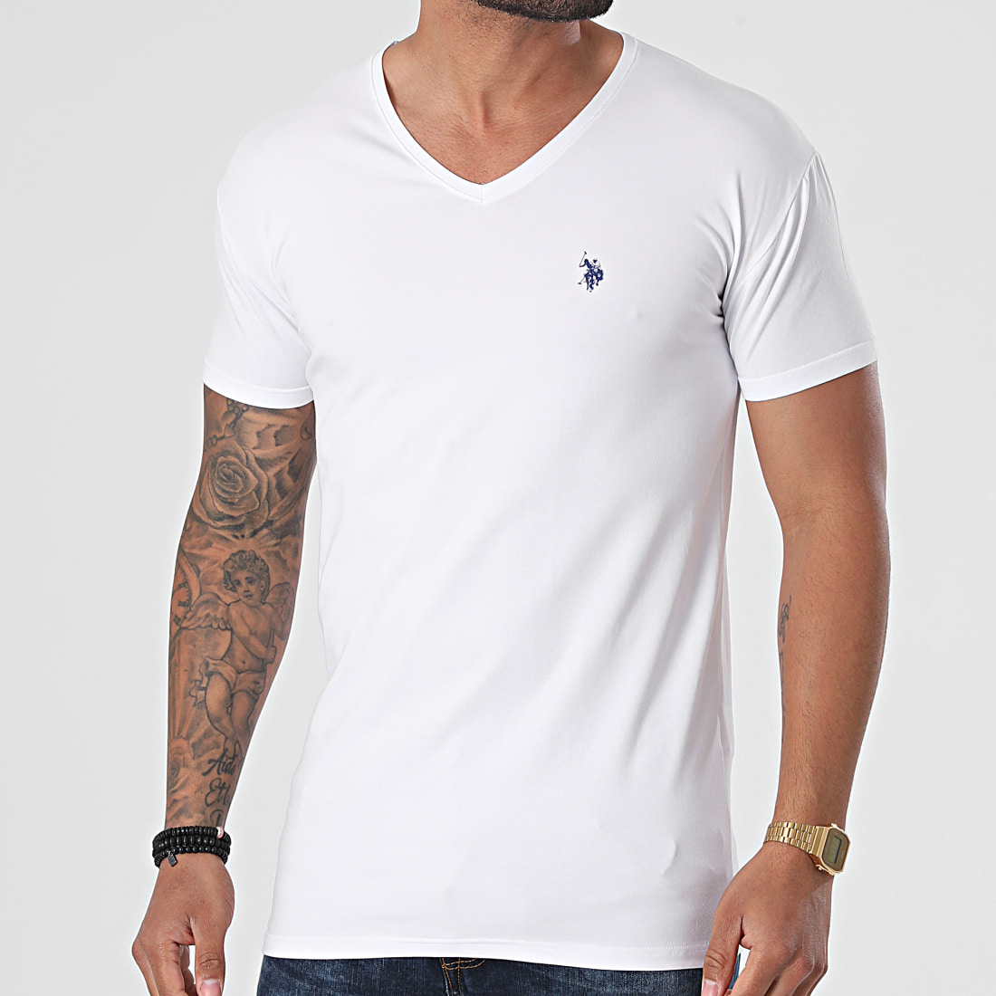 Tee Shirt Col V Double Horse - Blanc - US POLO HOMME - Prix doux