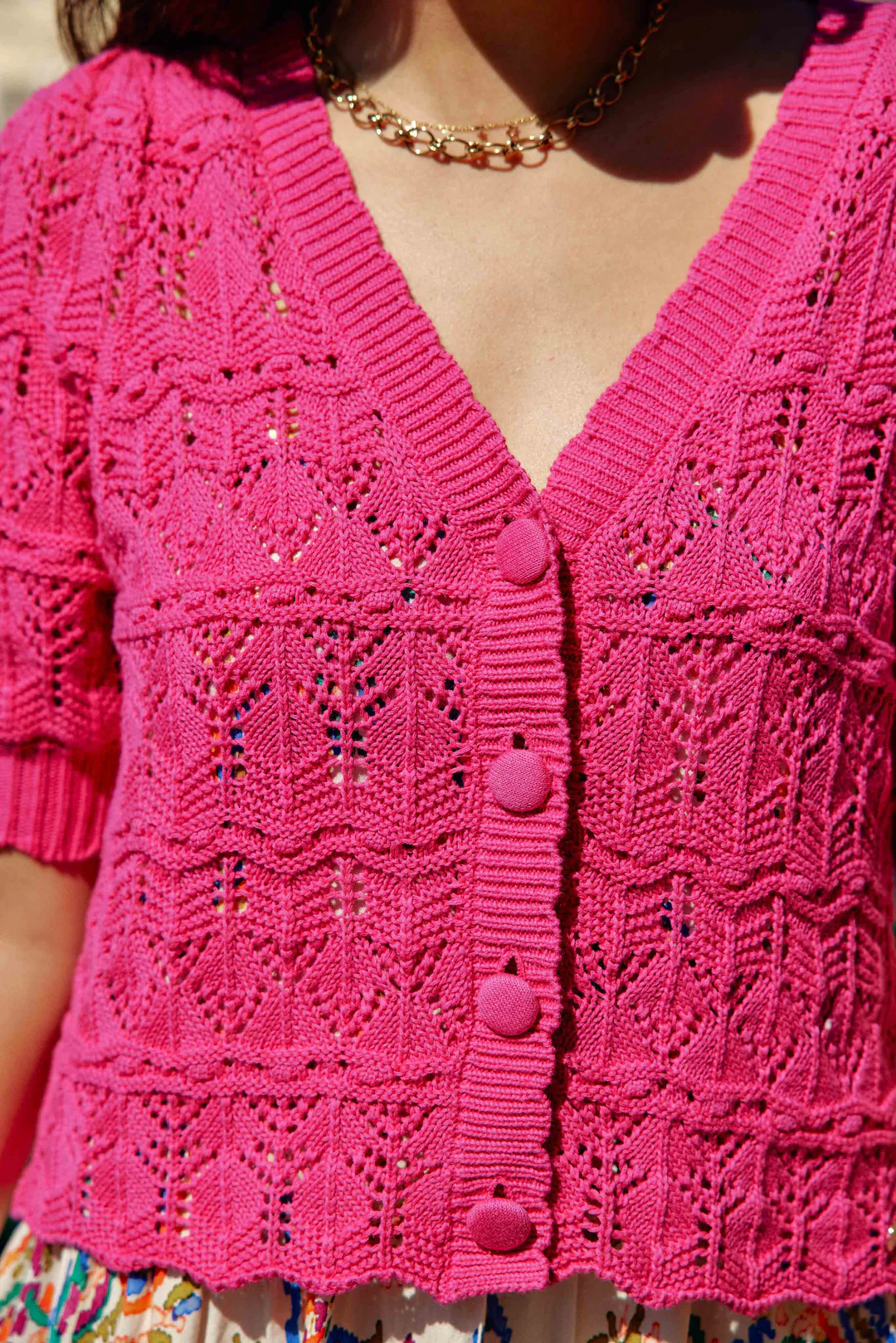 Gilet manches courtes en maille ajourée Rowena Fuchsia LA