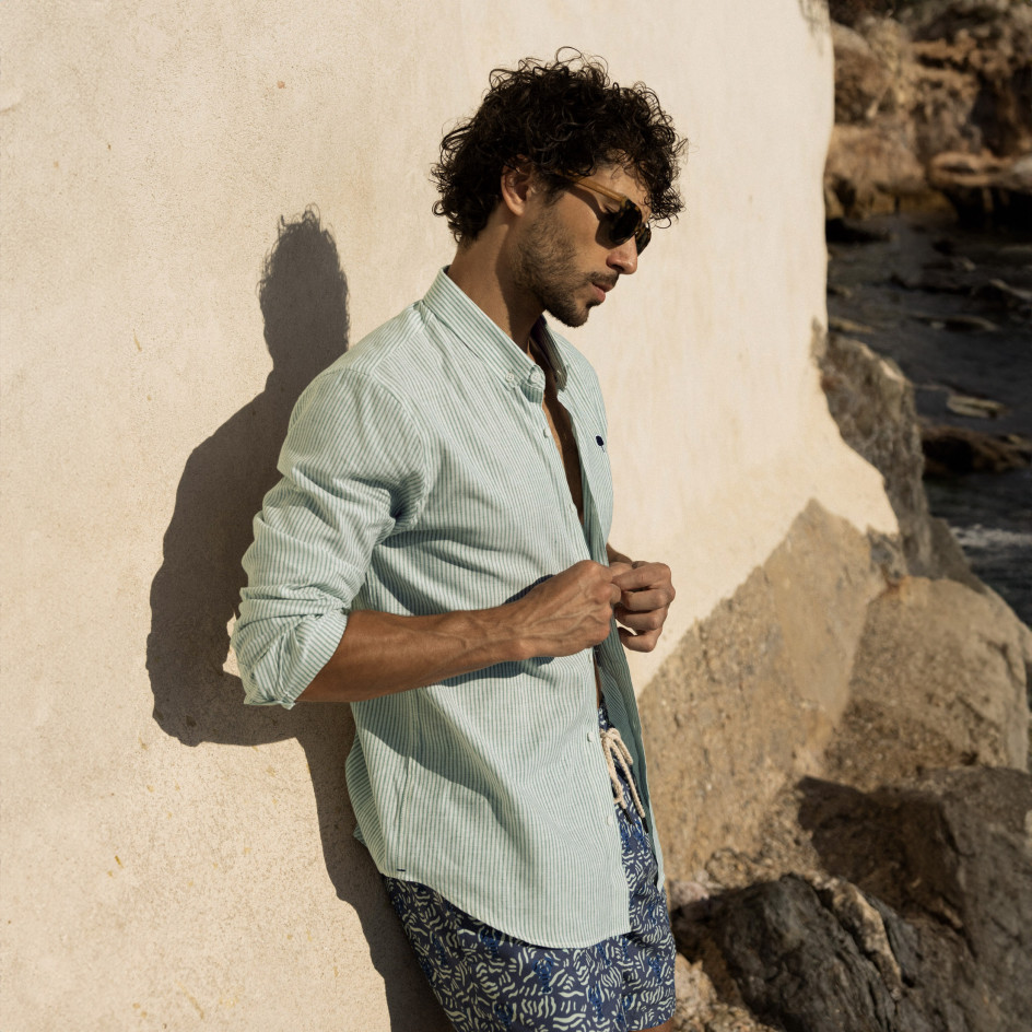 Chemise rayée en coton et lin-vert et écru-FAGUO HOMME-Chemises-lora
