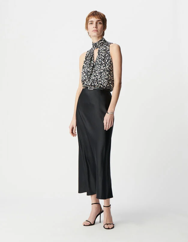 Jupe trapèze midi en satin Noire IKKS WOMEN Vêtement FEMME