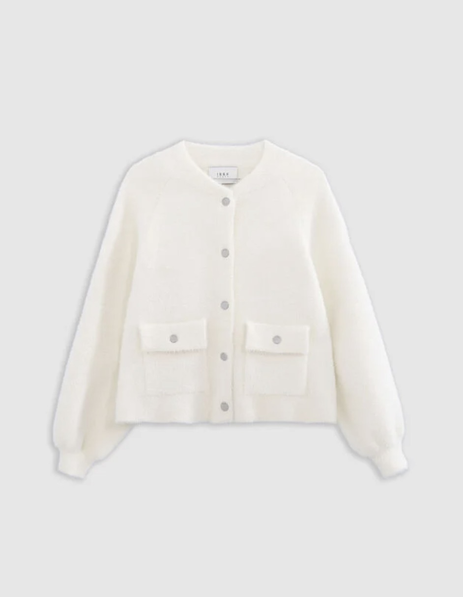 JIAREN Gilet Femme, Cardigan Femme Blanc Uni Col En V Fin Crochet Classique Manteau En Tricot Doux Printemps Automne Chaud Veste En Tricot Bouton À