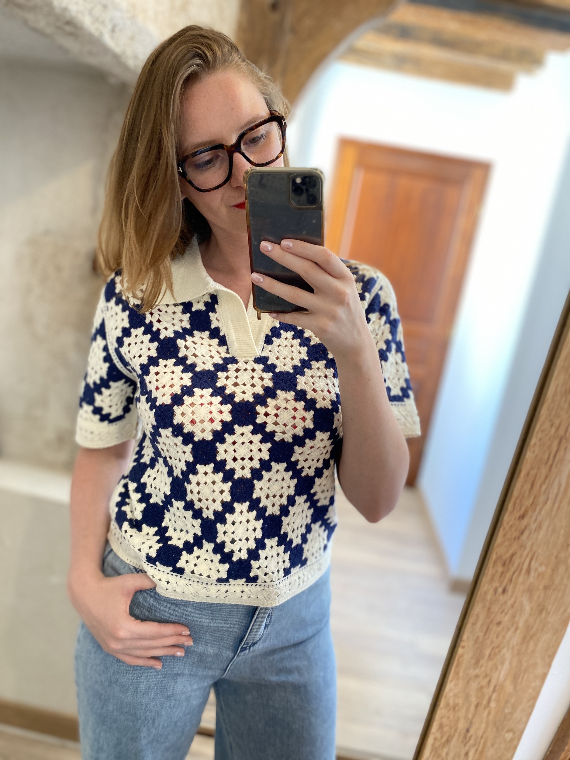 Pull polo en crochet Périsol Bleu nuit SUNCOO Vêtement FEMME
