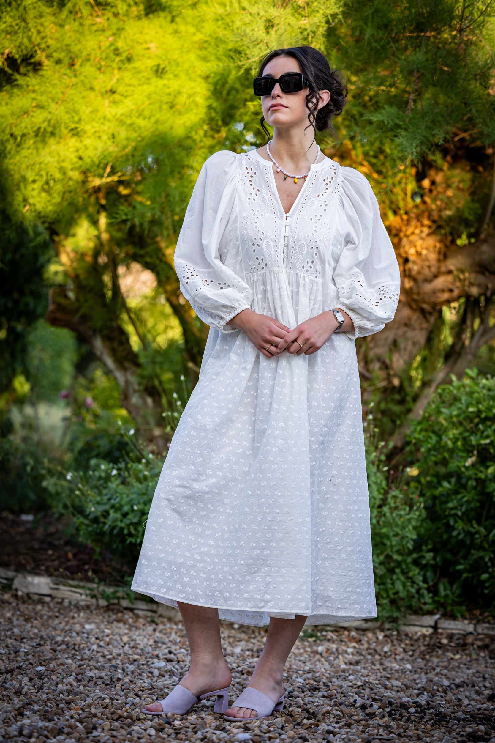 Robe longue brodée décolleté V Salama Ecru DES PETITS HAUTS