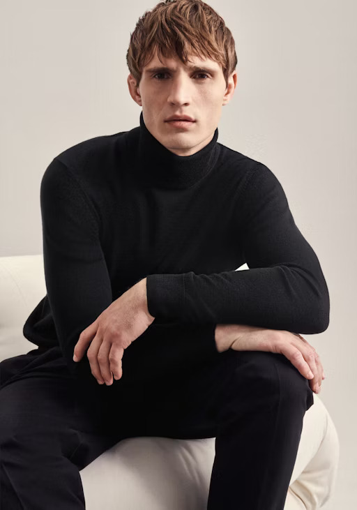 Pull col roulé homme en laine Merino - Noir - SEIDENSTICKER - Vêtement ...
