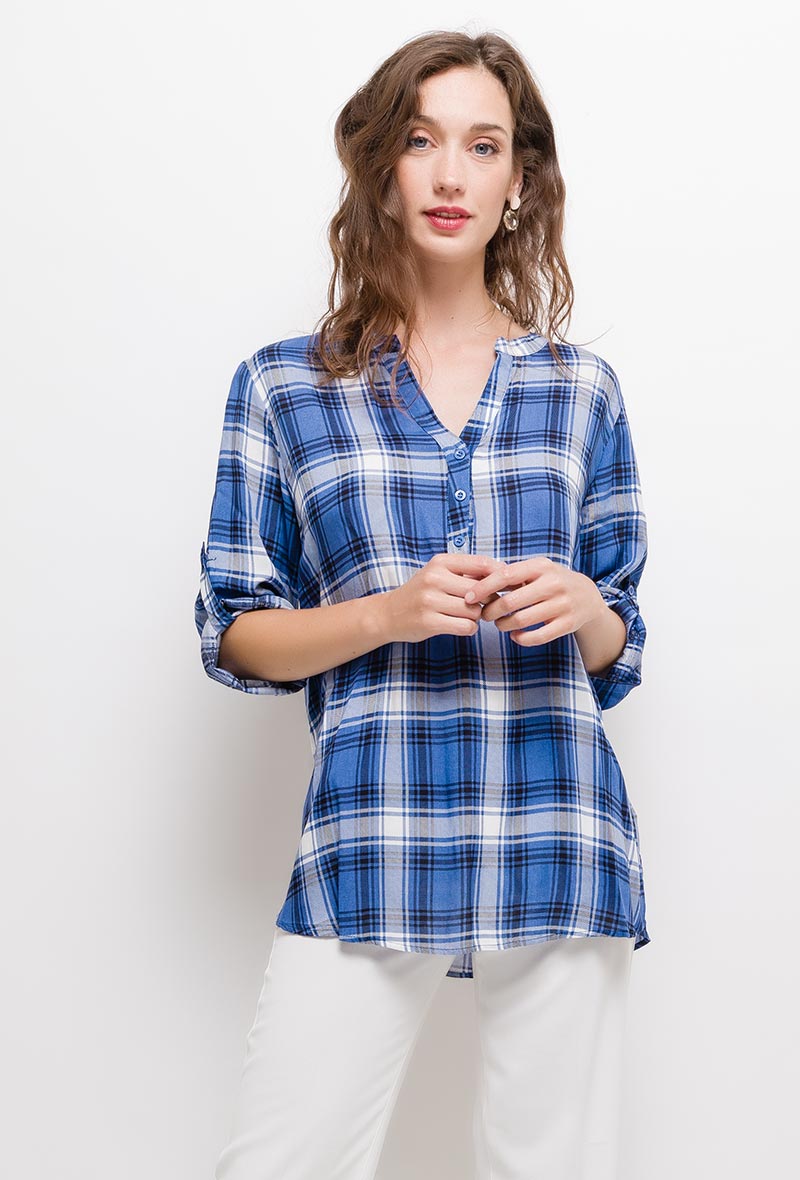 Blouse   carreaux  bleu  Femmes Chemise blouse Lora