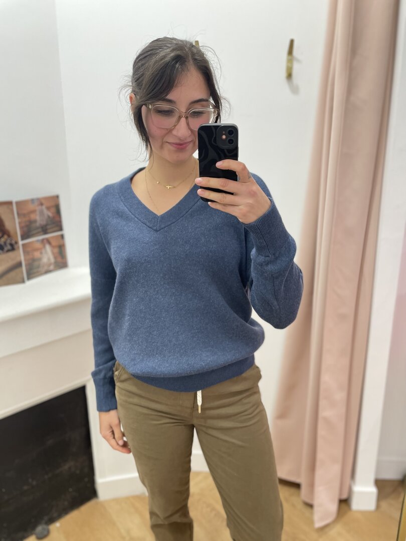 Pull Femme Lands' End Col V Bleu - Taille L/P (Petite) En Polyacril/nylon - Occasion Très Bon état
