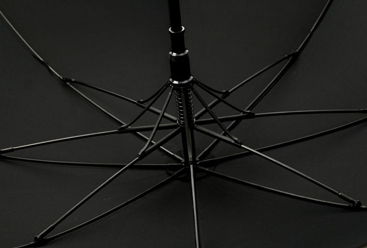Parapluie long noir poignée courbe en bois détail armature