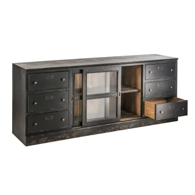 buffet-meuble-de-metier-pin-noir-verre-200-cm