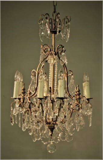 Lustre-baroque-doré-laiton-cristal-8-lampes