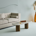 Table basse design luxe en marbre blanc et acacia massif