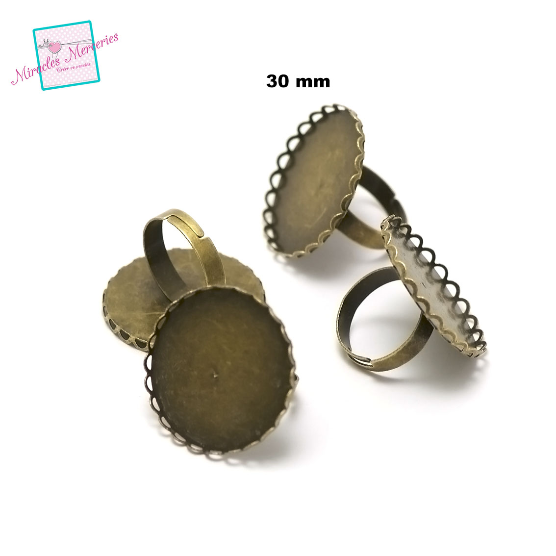 4 support cabochon bague 30 mm, ronde bronze,dentelle