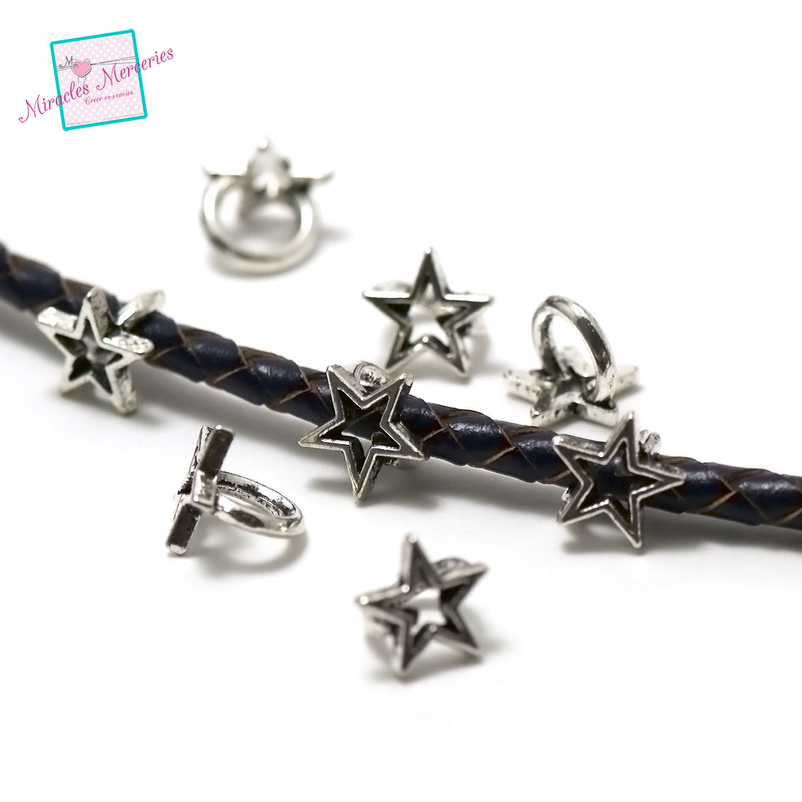 10 perles passantes pour lanière cuir 002 étoile,argenté