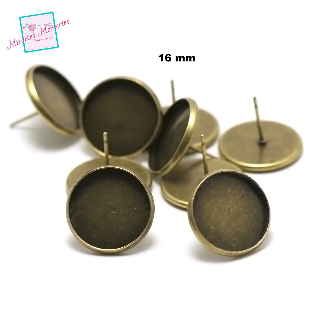 10 supports cabochon puce d\'oreille ronde 16 mmdroit,bronze