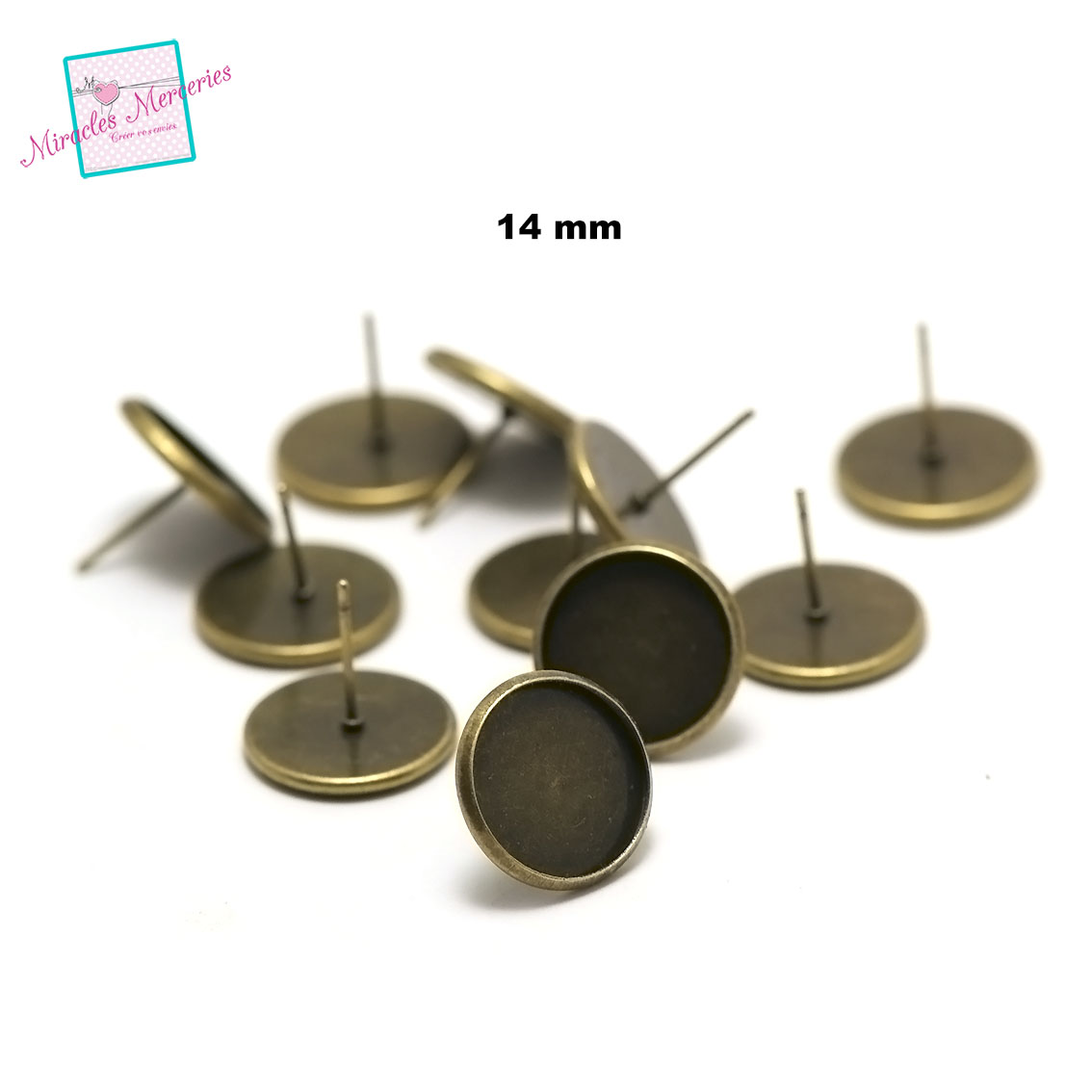 10 supports cabochon puce d\'oreille ronde 14 mmdroit,bronze