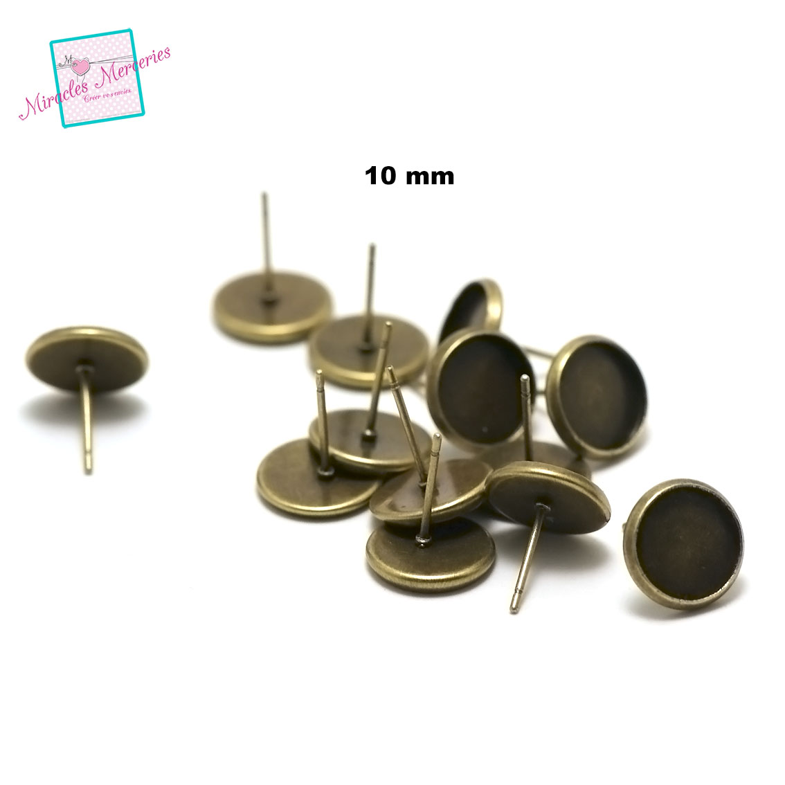 10 supports cabochon puce d\'oreille ronde 10 mmdroit,bronze