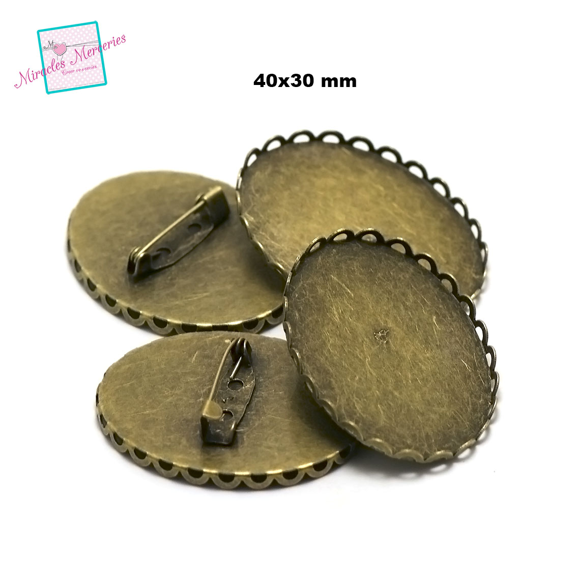 2 broches supports cabochon  ovale 40x30 mm , bronze dentelle