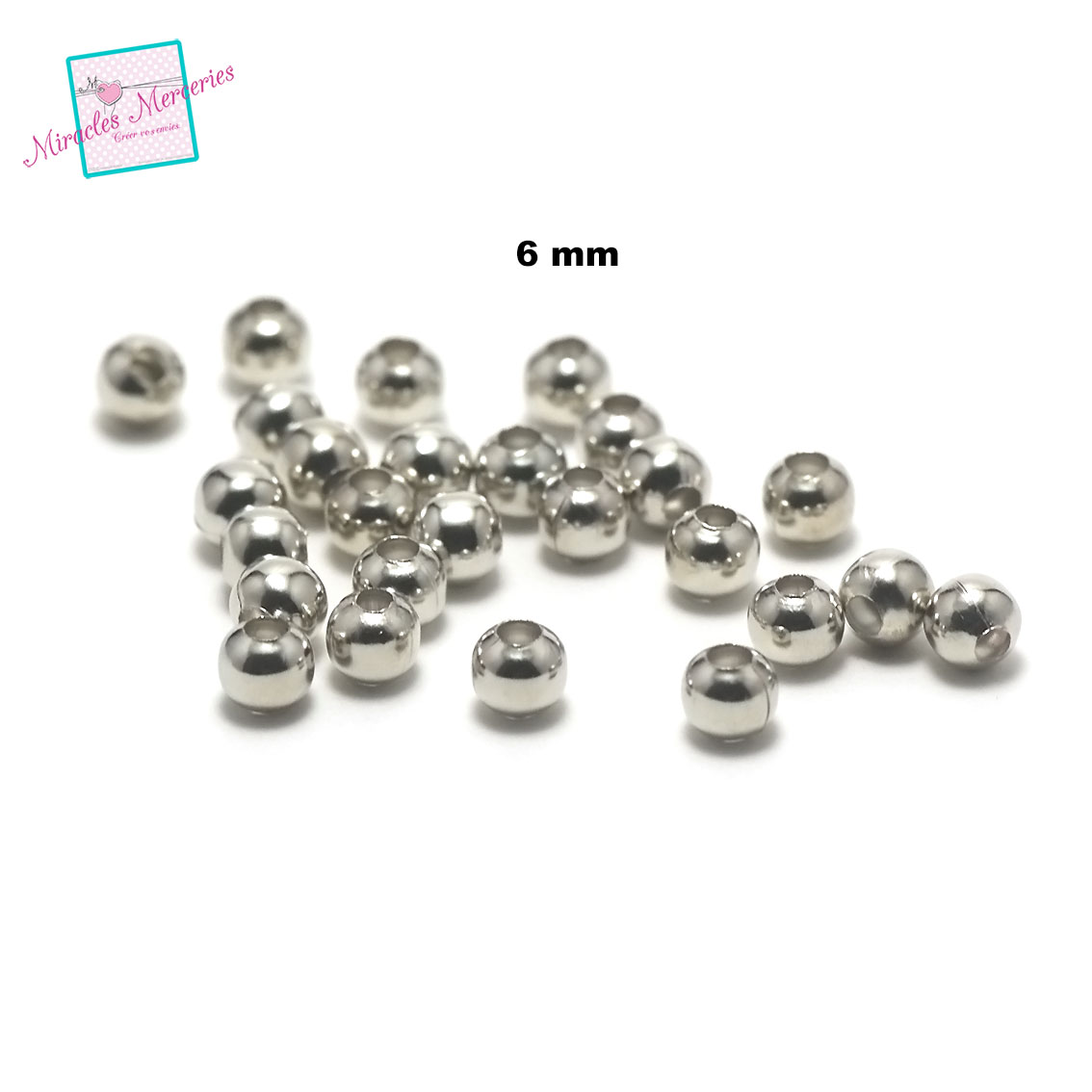 50 perles rondes 6 mm, argenté
