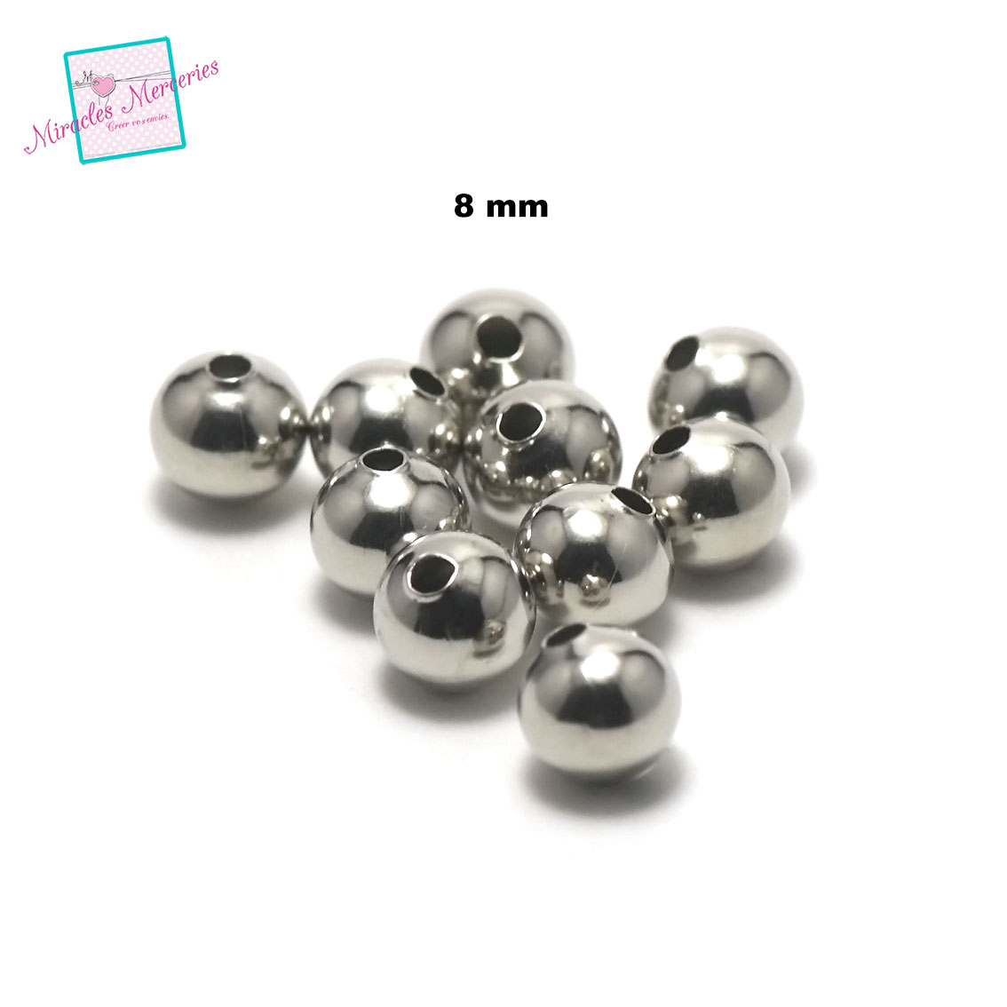 50 grandes perles rondes 8 mm, argenté
