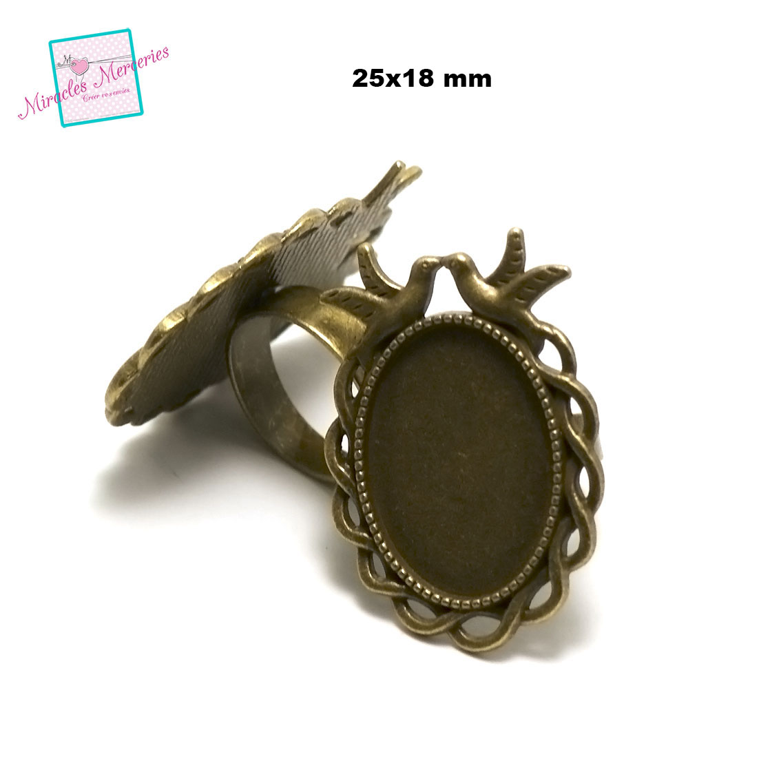 2 supports cabochons bague 25x18 mm ovale 010 double colombes,bronze