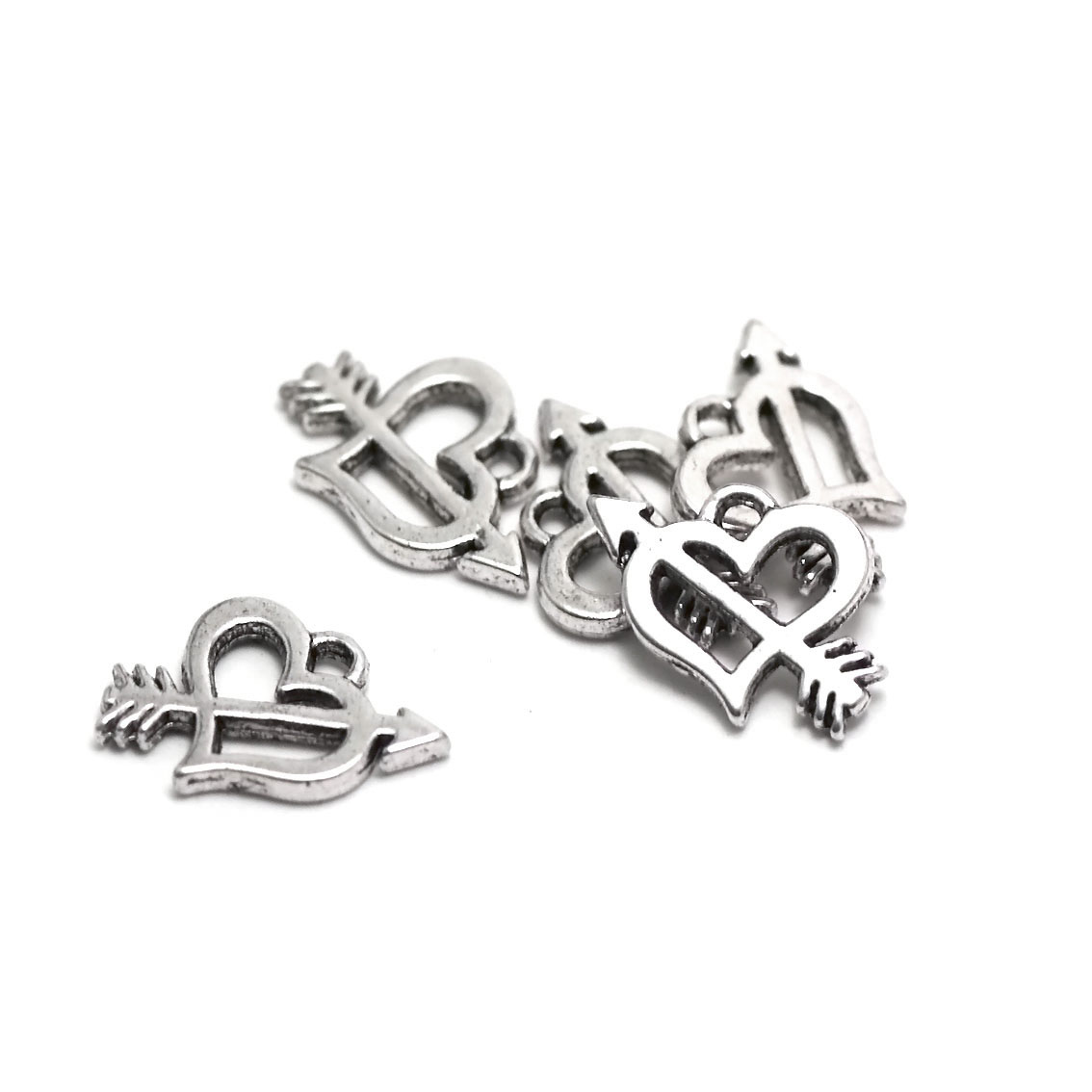 20 breloques coeur flèche,15x12 mm,argenté, 016A