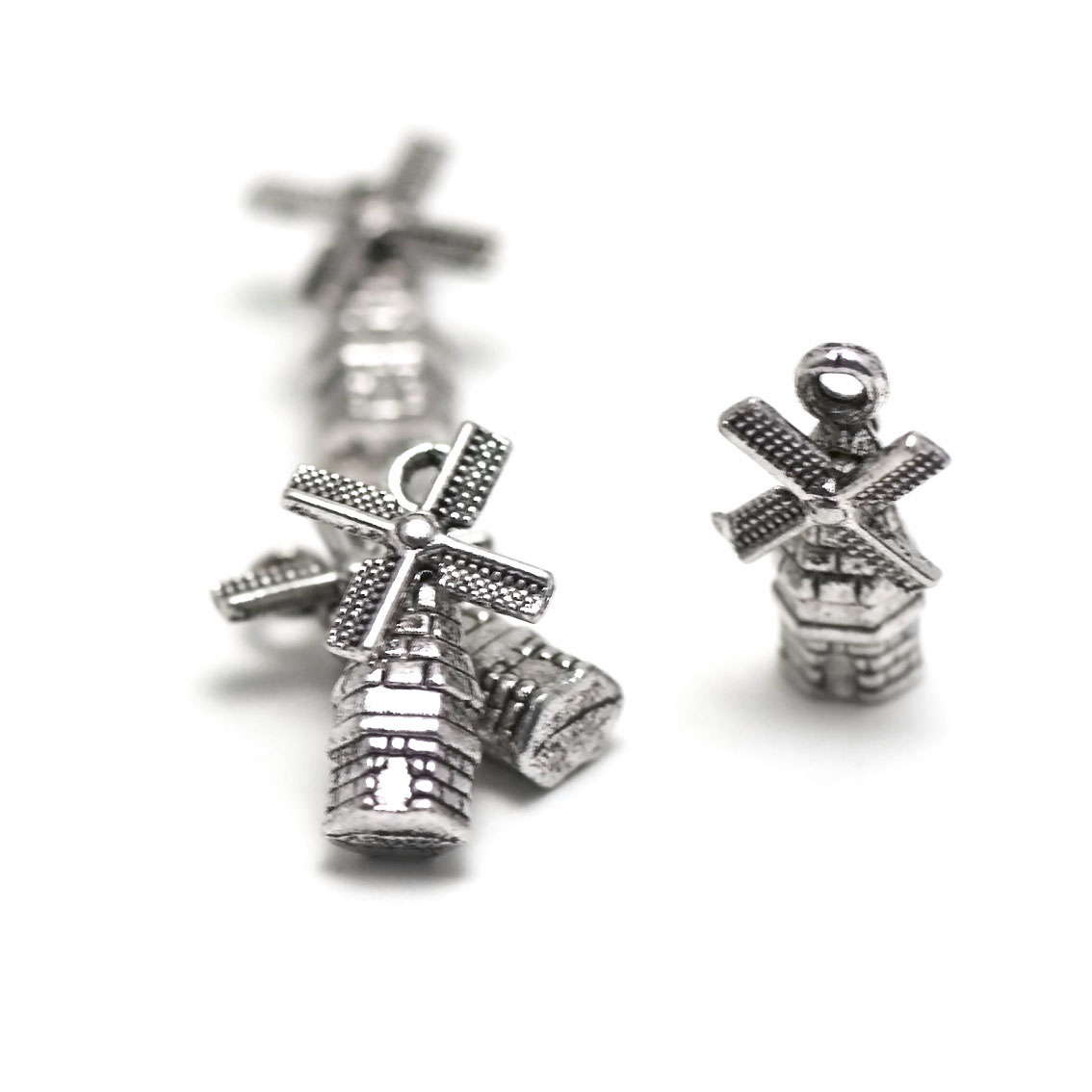 10 breloques moulin à vent 3 D,17x9x6 mm,argenté, 029A