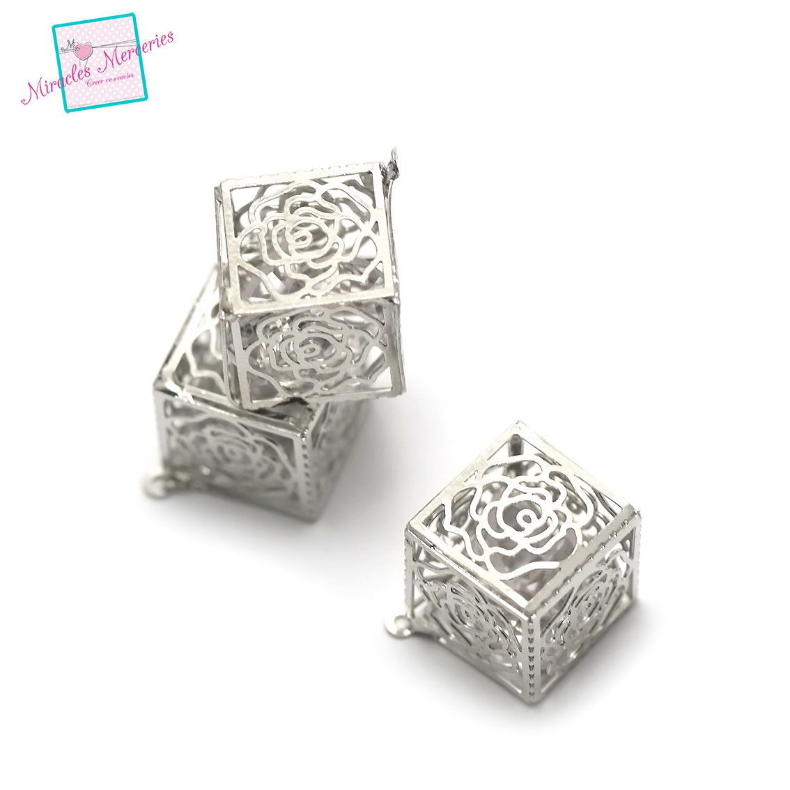 2 pendentifs cage de cristal cube filigrane13x13 mm,argenté