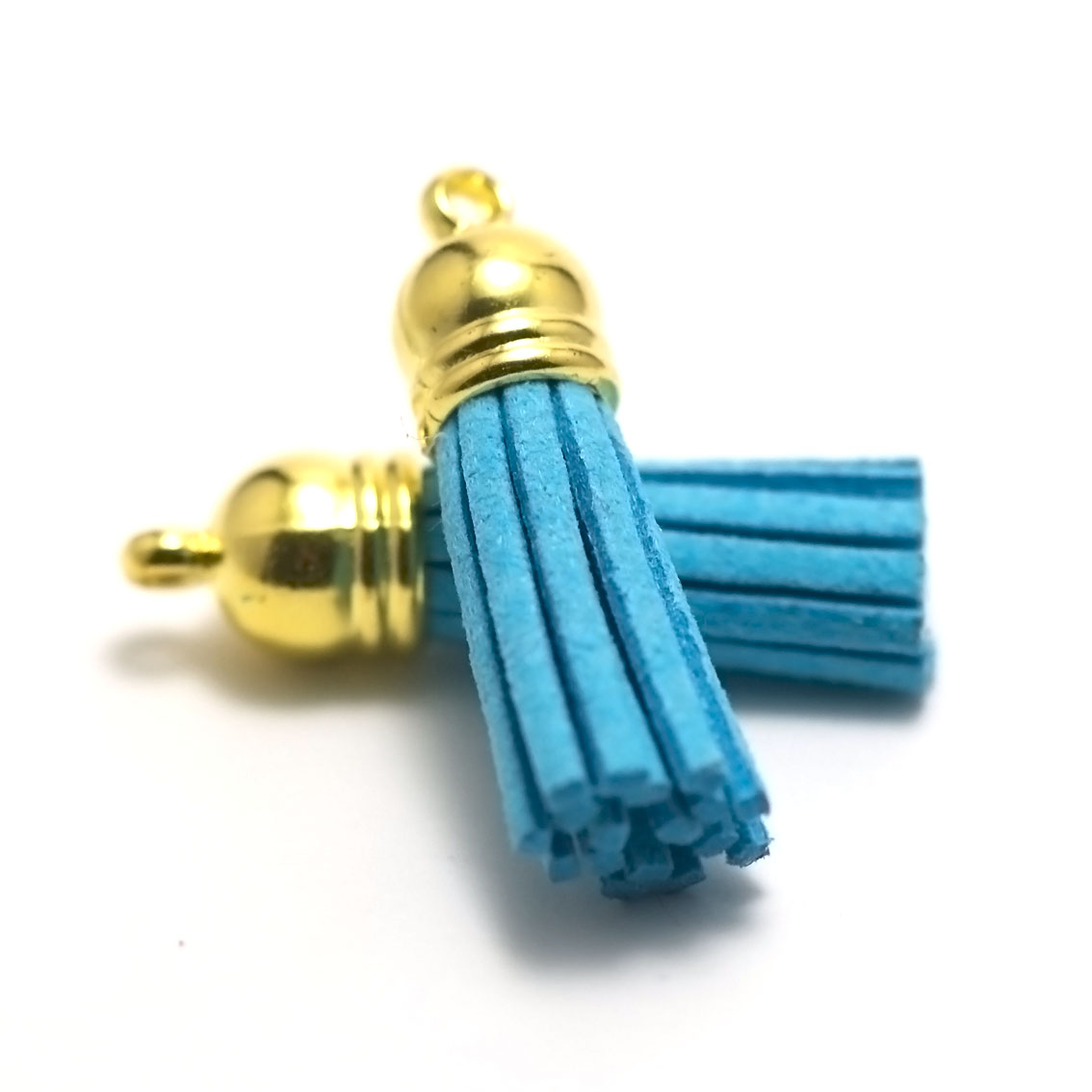4 pompons en suédine clochette doré 38 mm, turquoise