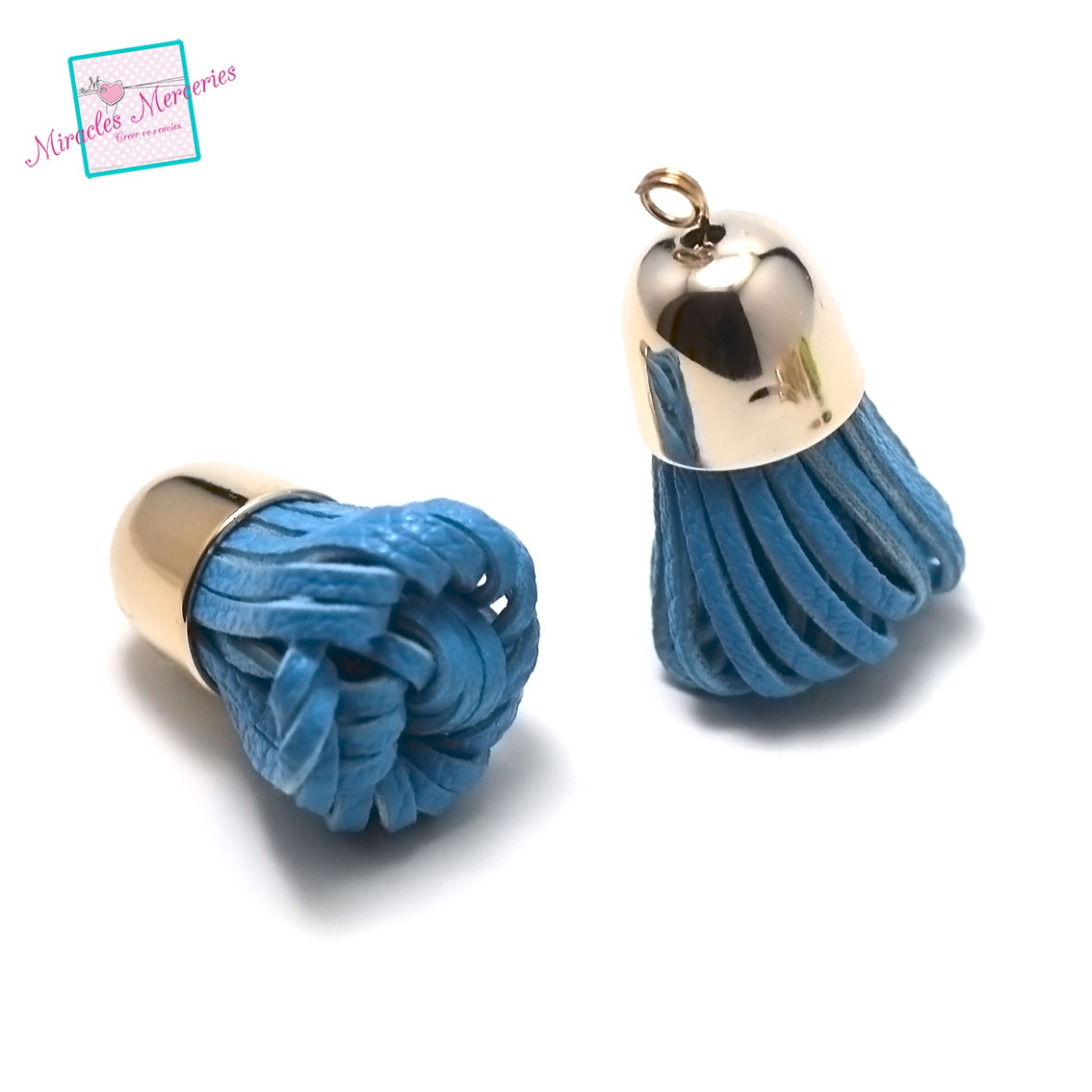2 pompons en simili cuir clochette 40x20 mm,bleu électrique