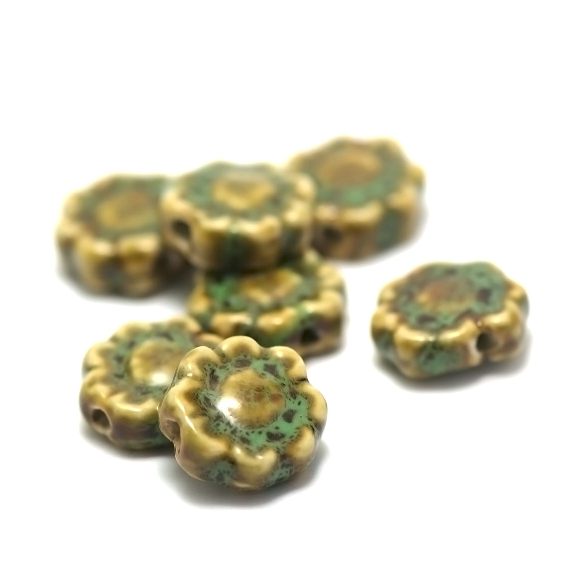 4 perles porcelaine/céramiques fleur 17x17x7 mm,vert jaune