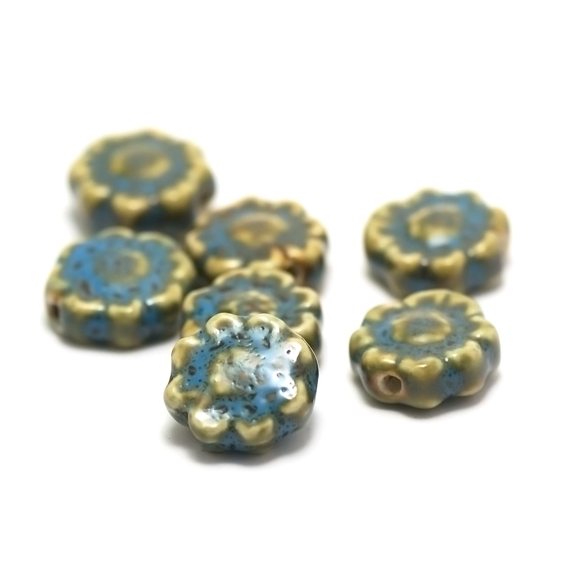 4 perles porcelaine/céramiques fleur 17x17x7 mm,bleu/jaune