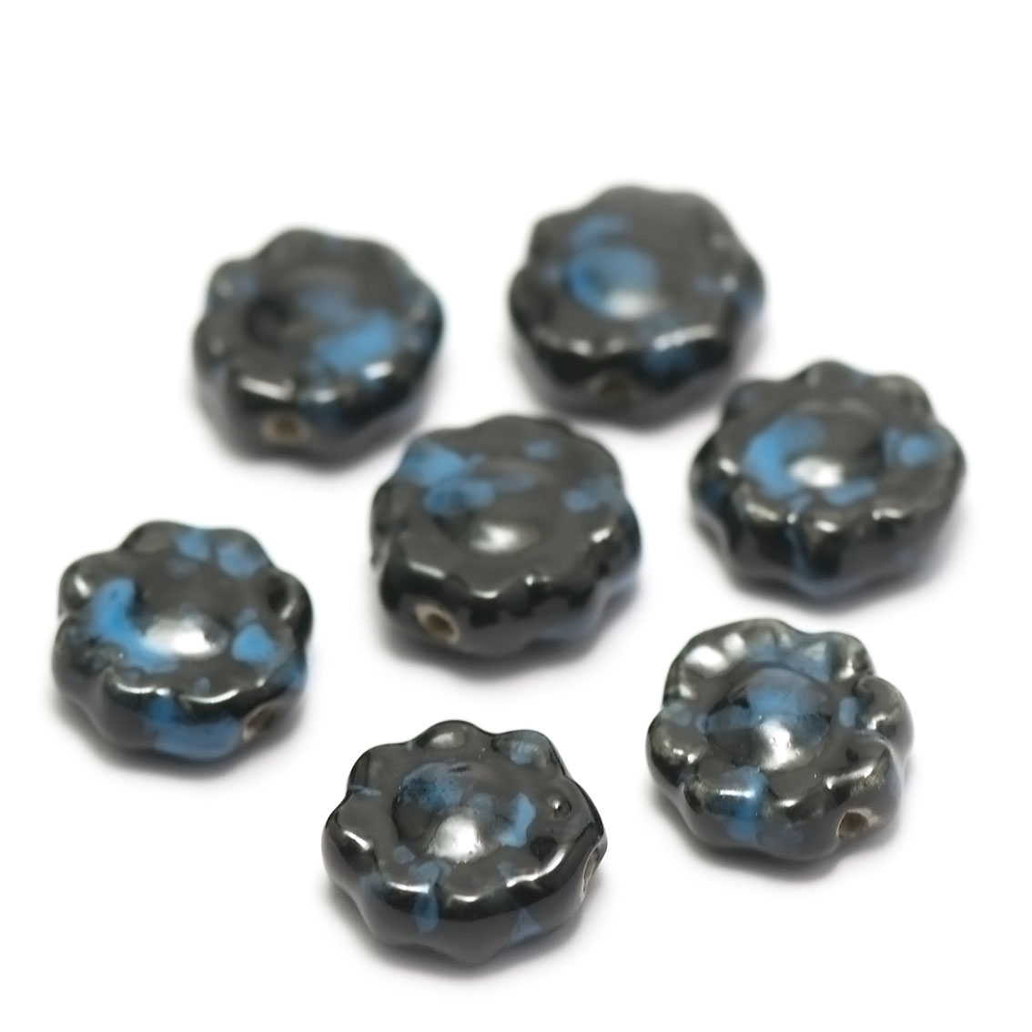 4 perles porcelaine/céramiques fleur 17x17x7 mm,noir bleu