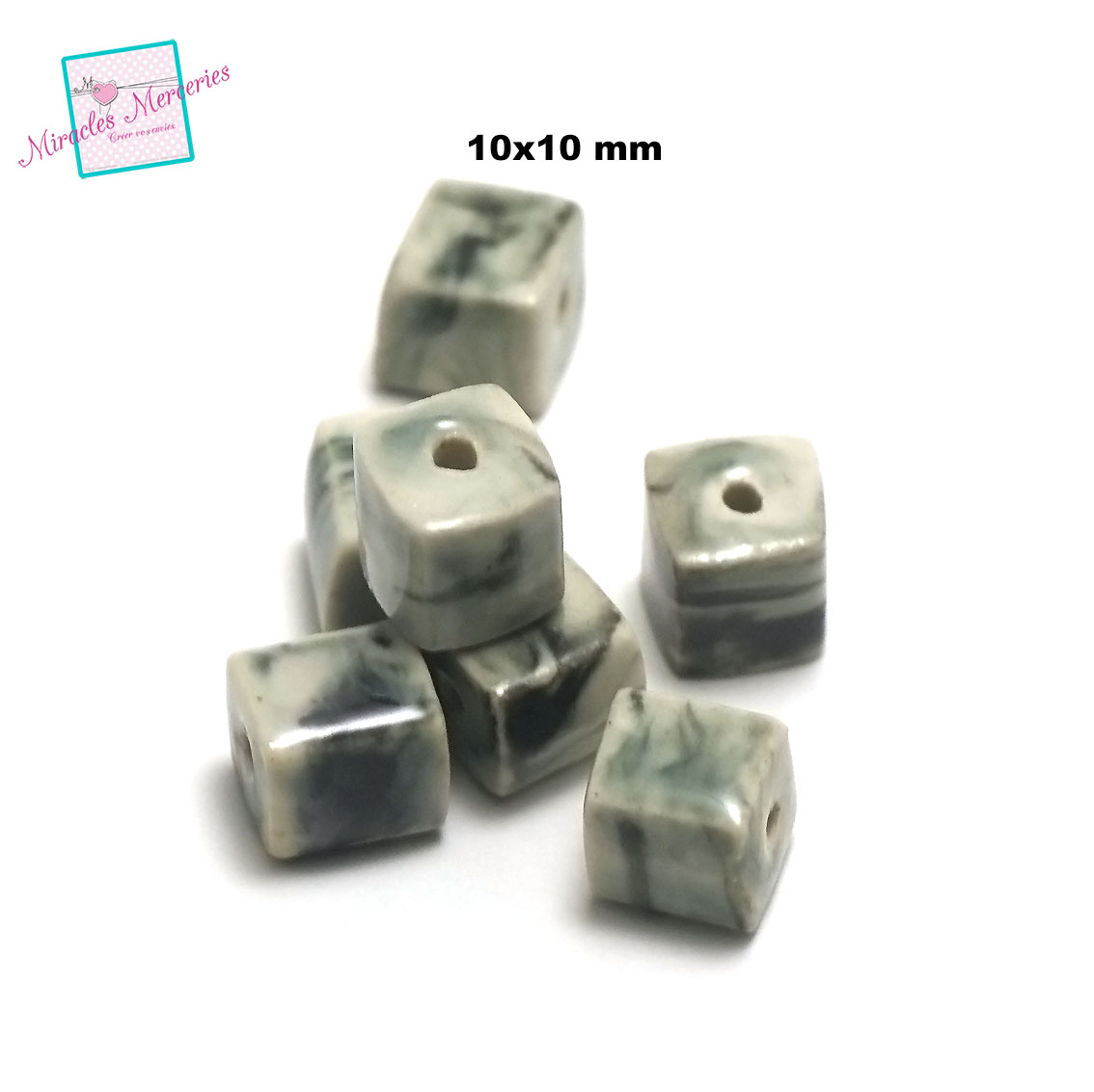 4 perles céramiques cube 10x10 mm ,gris/écrus