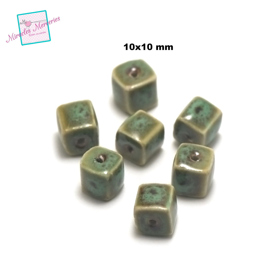 4 perles céramiques cube 10x10 mm,vert jaune