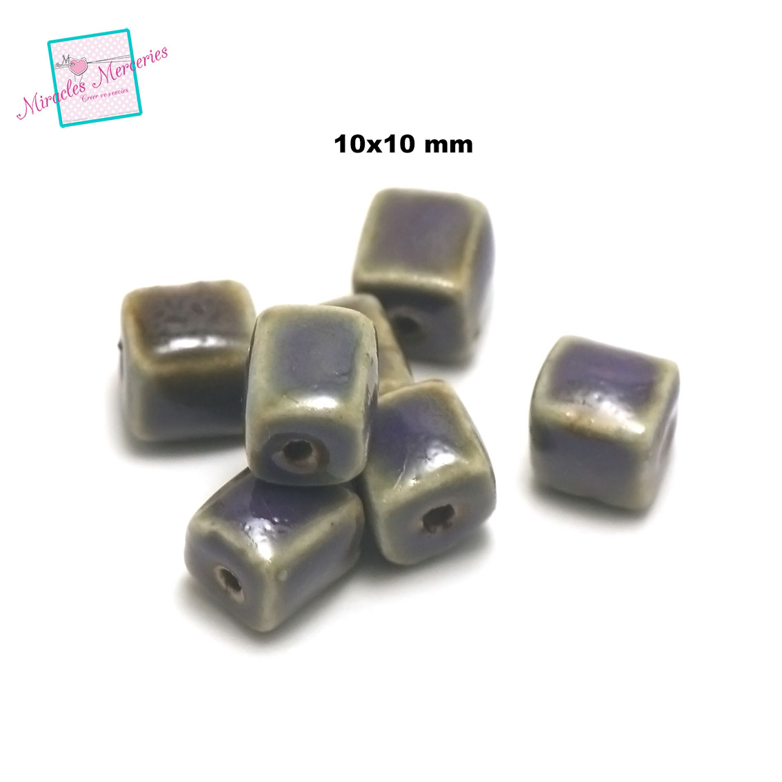 4 perles céramiques cube 10x10 mm,prune/vert