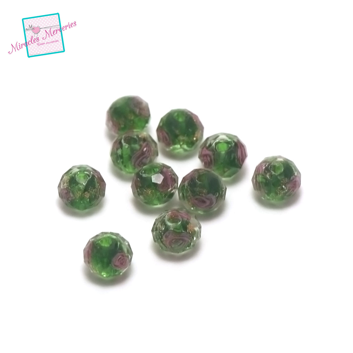 4 perles lampwork fleur en rondelle facettée 7x10 mm,vert